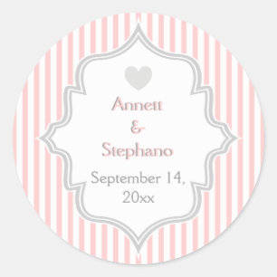 Elegante roze, grijze strepen bruiloft Save the Da Ronde Sticker