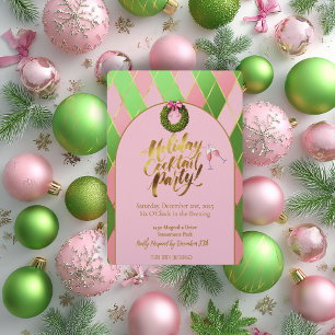 Elegante Roze & Groene Argyle Kerst Cocktailparty Acryl Uitnodigingen