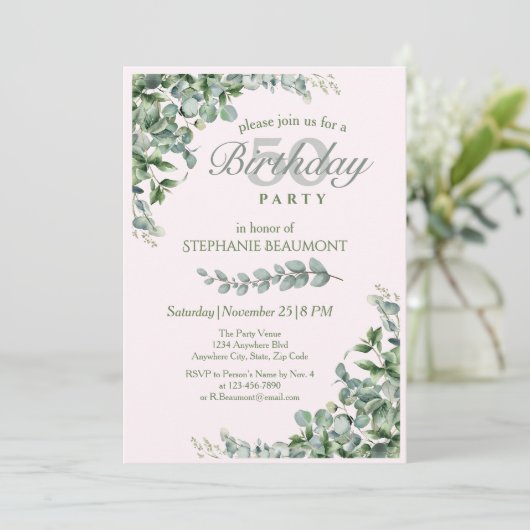 Elegante roze groene bloem 50e verjaardag van vrou kaart (Staand voorkant)