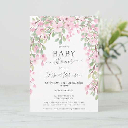 Elegante roze groene bloemen waterverf baby shower kaart (Staand voorkant)