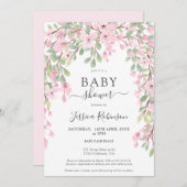 Elegante roze groene bloemen waterverf baby shower kaart (Voorkant / Achterkant)