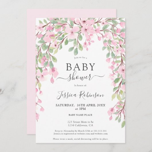 Elegante roze groene bloemen waterverf baby shower kaart (Voorkant / Achterkant)