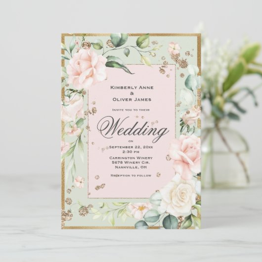 Elegante Roze Groene Blos Florale Trouw Uitnodigin Kaart (Staand voorkant)