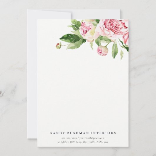 Elegante roze groene pioenroos Floral Waterverf Notitiekaartje (Voorkant)