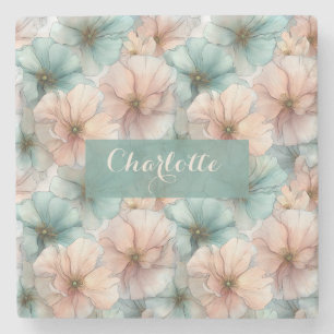 Elegante Roze & Groene Vintage Bloemstuk Persoonli Stenen Onderzetter