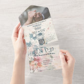 Elegante Roze Groene Waterverf Bloemen QR Code Fot All In One Uitnodiging (Afscheurbaar)