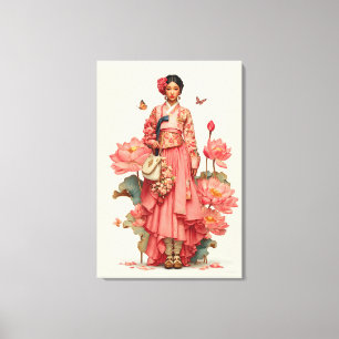 Elegante Roze Hanbok en Lotusbloem Canvas Kunst