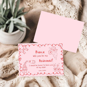 Elegante Roze Hand Getrokken Bruidsmeisje Voorstel Kaart
