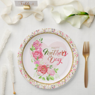 Elegante Roze Hart Gelukkige Moederdag Feest Papieren Bordje