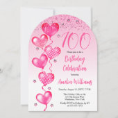 Elegante roze hartballonnen 100ste verjaardagsfees kaart (Voorkant)