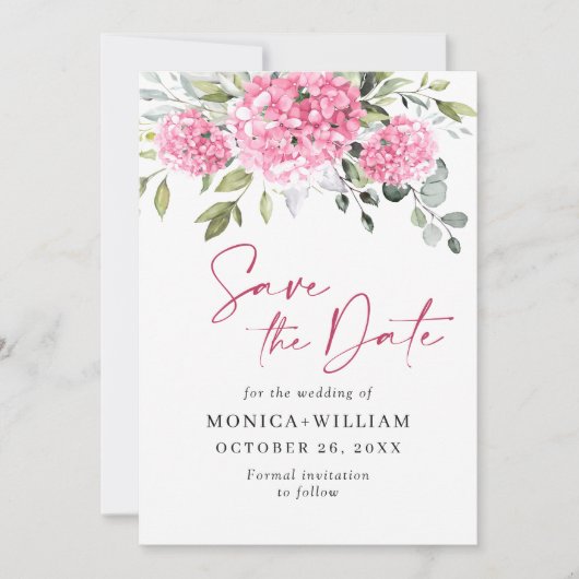 Elegante roze hortensia bloemenbruiloft save the date (Voorkant)