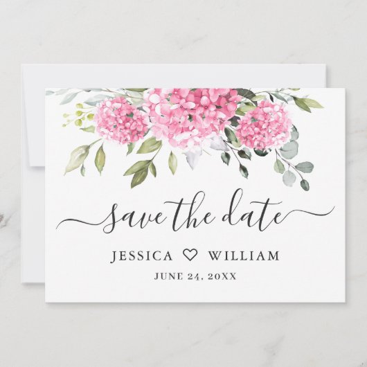 Elegante roze hortensia bloemenbruiloft save the date (Voorkant)