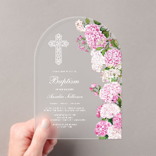 Elegante Roze Hortensia Boog Doopfeest Acryl Uitnodigingen