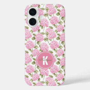 Elegante roze Hydragea bloemen patroon Monogram iPhone 16 Hoesje