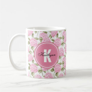 Elegante Roze Hydragea Bloemen Patroon Monogram Co Koffiemok