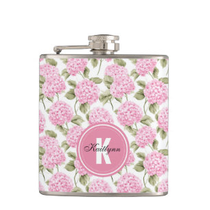 Elegante roze Hydragea bloemen patroon Monogram Heupfles