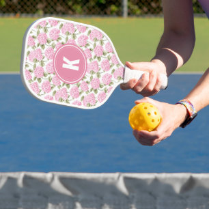 Elegante roze Hydragea bloemen patroon Monogram Pickleball Paddle