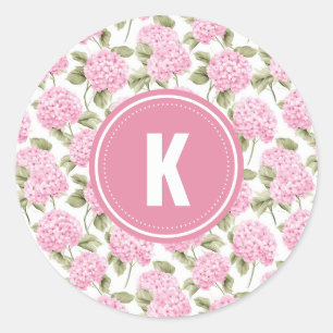 Elegante roze Hydragea bloemen patroon Monogram Ronde Sticker