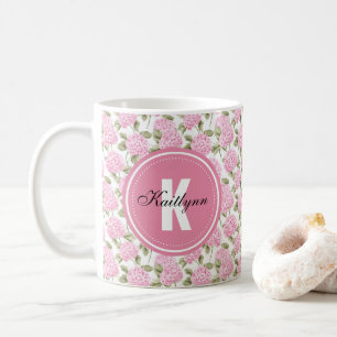 Elegante Roze Hydrangea Bloemen Patroon Monogram Koffiemok