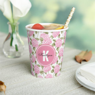 Elegante Roze Hydrangea Bloemen Patroon Monogram Papieren Bekers