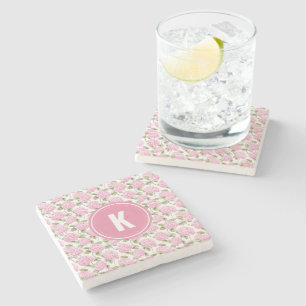 Elegante Roze Hydrangea Bloemen Patroon Monogram Stenen Onderzetter