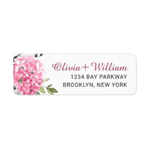 Elegante roze Hydrangea Eucalyptus retouradres Etiket