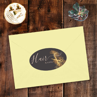 Elegante Roze Kapsalon Gouden Schaar Kapsalon Ovale Sticker
