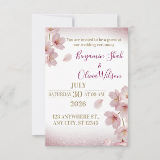 Elegante Roze Kersenbloesem Glitter Bruiloft Kaart