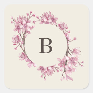 Elegante Roze Kersenbloesem Monogram Bruiloft Vierkante Sticker