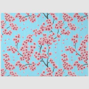 Elegante roze kersenbloesems Sky Blue Christmas Tissuepapier