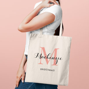 Elegante Roze Koraal Monogram Bruidsmeisje Tote Bag