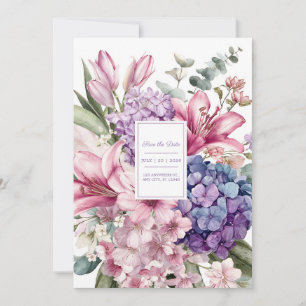 Elegante Roze Lelie Blauwe Hortensia Aquarel Bloem Kaart