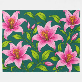 Elegante Roze Lelie Bloemen met Groene Bladeren Fleece Deken