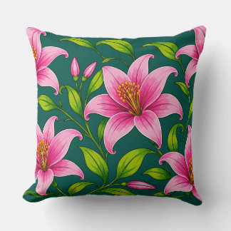 Elegante Roze Lelie Bloemen met Groene Bladeren Kussen