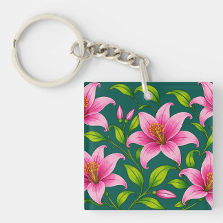 Elegante Roze Lelie Bloemmotief met Groene Bladere Sleutelhanger