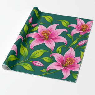 Elegante Roze Lelie Bloemstuk met Groene Bladeren Cadeaupapier