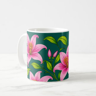 Elegante Roze Lelie Bloemstuk met Groene Bladeren Koffiemok