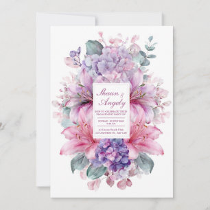 Elegante Roze Lelie Paarse Hortensia Aquarel Kaart