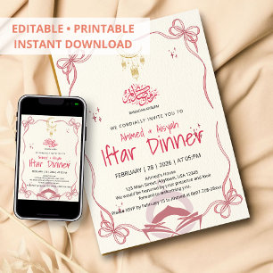Elegante Roze Lint Ramadan Kareem Iftar-diner Kaart