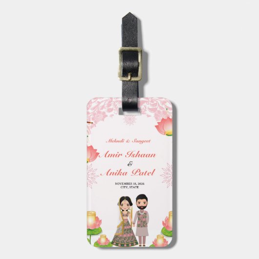Elegante Roze Lotus Lantaarns Mehndi Sangeet India Bagagelabel (Voorkant verticaal)