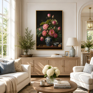 Elegante Roze Lotus Olie Schildering in een Blauwe Poster