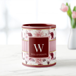Elegante Roze Magenta Bloemen Streep Monogram Cust Mok