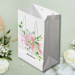 Elegante Roze Magnolia Aquarel Bruidsfeest Medium Cadeauzakje