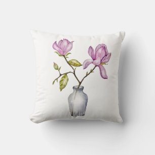 Elegante Roze Magnolia Aquarel in Glazen Vaas Kussen