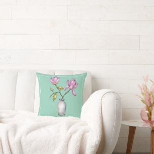 Elegante Roze Magnolia Aquarel Kussen