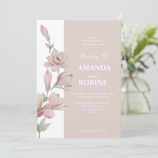 Elegante roze Magnolia bruiloft uitnodiging (Staand voorkant)