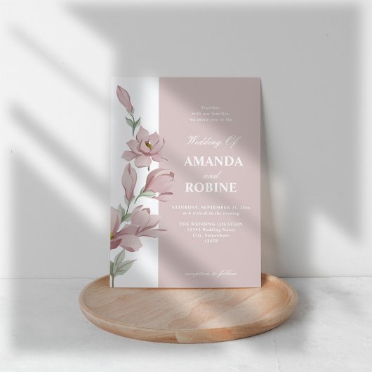 Elegante roze Magnolia bruiloft uitnodiging
