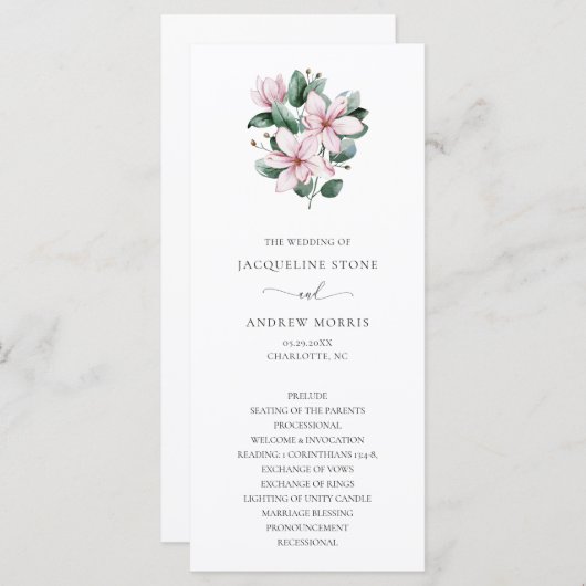 Elegante Roze Magnolia Eucalyptus Bloemige Bruilof Programma (Voorkant / Achterkant)
