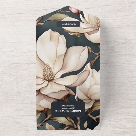 Elegante roze Magnolia's en groen All In One Uitnodiging (Buitenkant)