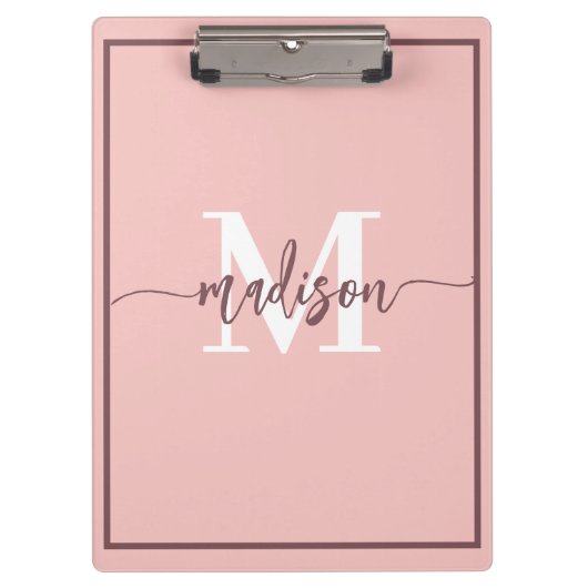 Elegante Roze Monogram Script Naam Klembord (Voorkant)